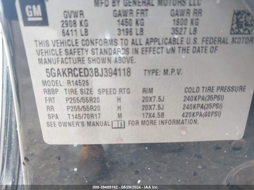 2011 Buick Enclave 2Xl VIN: 5GAKRCED3BJ394118 Lot: 39489182