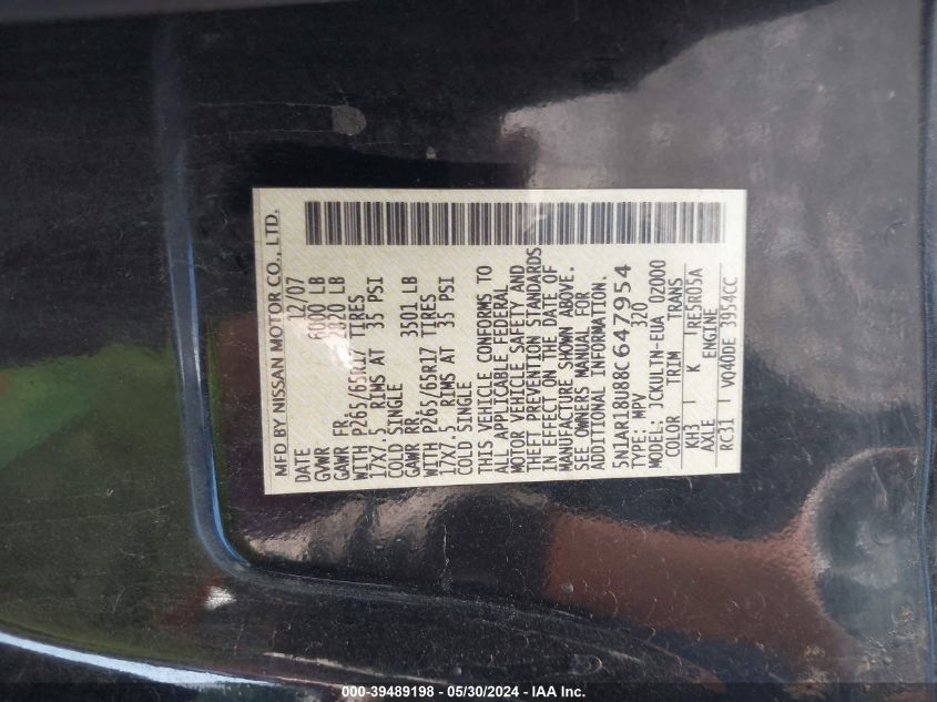 2008 Nissan Pathfinder Se VIN: 5N1AR18U88C647954 Lot: 39489198