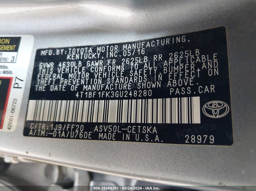 2016 Toyota Camry Se VIN: 4T1BF1FK3GU248280 Lot: 39489201