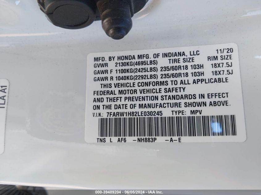 2020 Honda Cr-V 2Wd Ex-L VIN: 7FARW1H82LE030245 Lot: 39489204