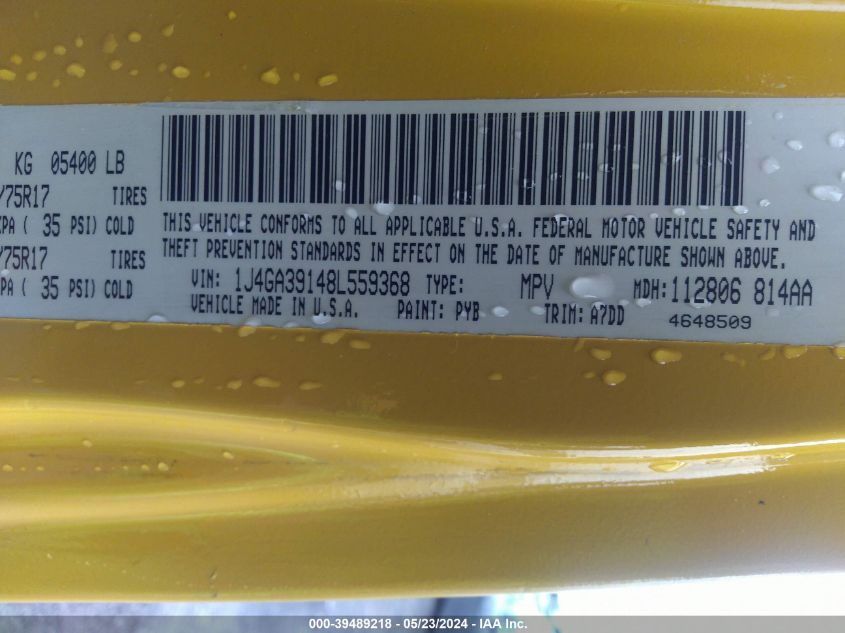 2008 Jeep Wrangler Unlimited X VIN: 1J4GA39148L559368 Lot: 39489218
