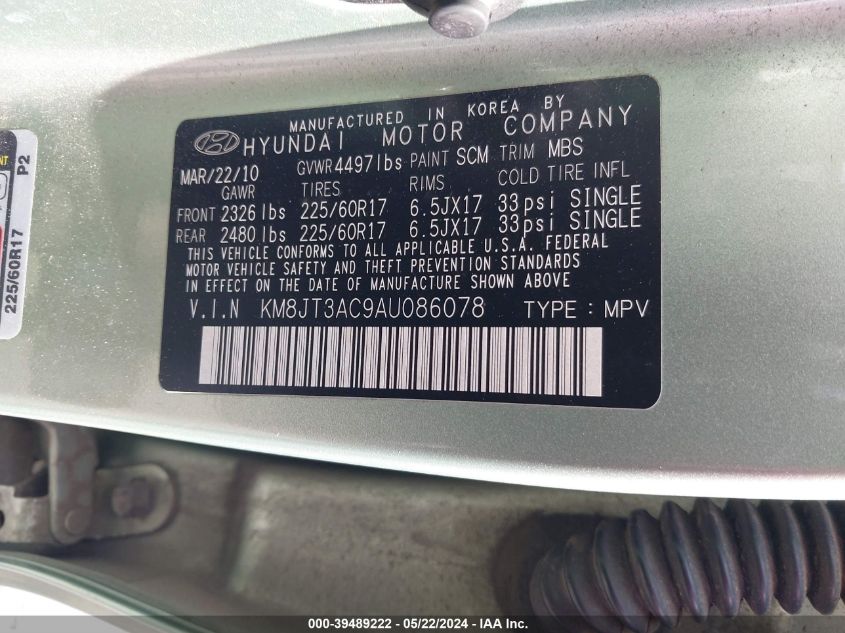 2010 Hyundai Tucson Gls VIN: KM8JT3AC9AU086078 Lot: 39489222
