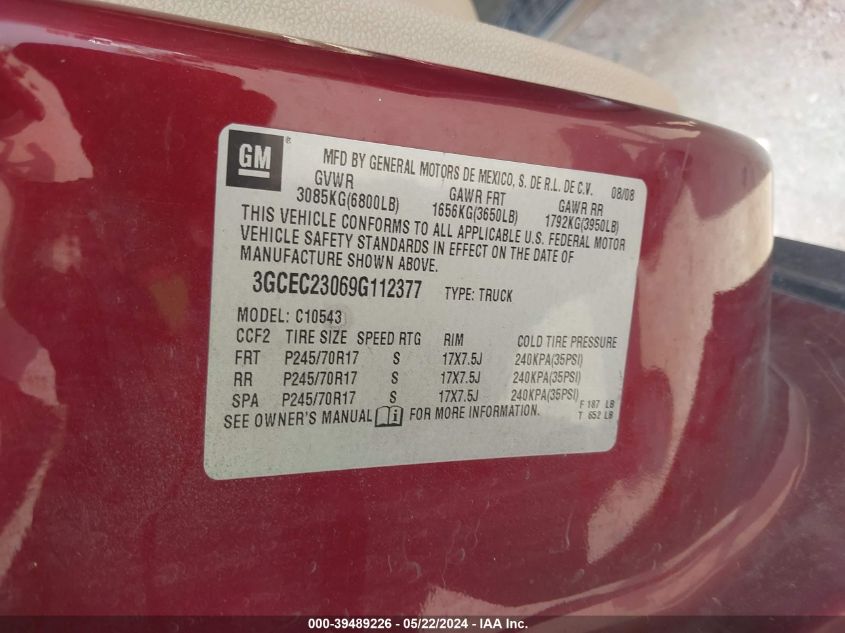 2009 Chevrolet Silverado 1500 Lt VIN: 3GCEC23069G112377 Lot: 39489226