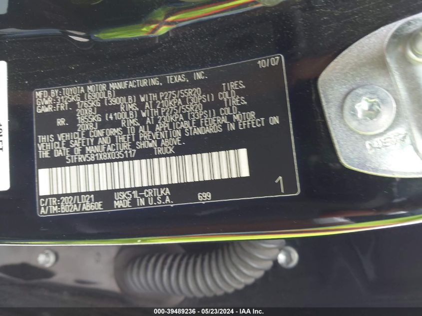 2008 Toyota Tundra Limited 5.7L V8 VIN: 5TFRV581X8X035117 Lot: 39489236