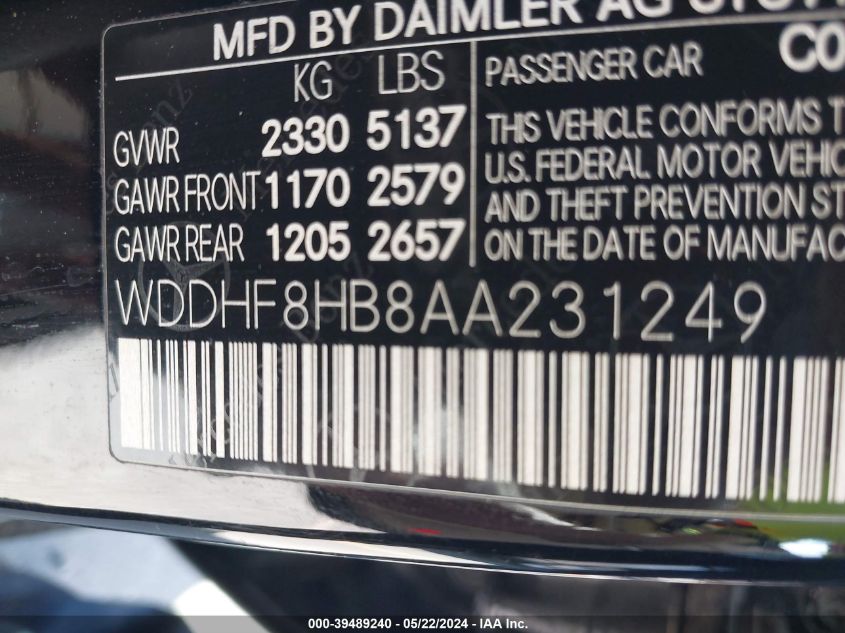 2010 Mercedes-Benz E 350 4Matic VIN: WDDHF8HB8AA231249 Lot: 39489240