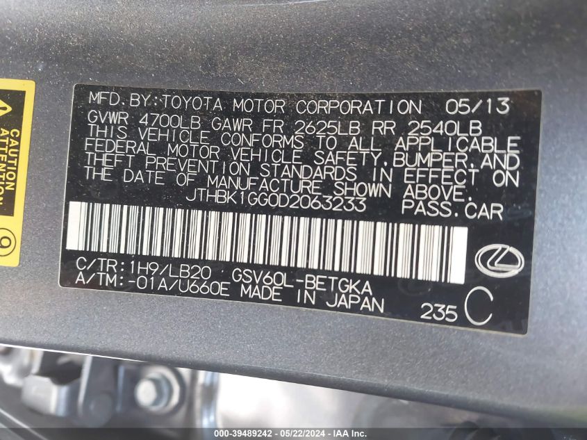 2013 Lexus Es 350 VIN: JTHBK1GG0D2063233 Lot: 39489242