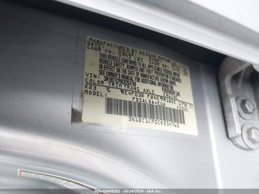 2012 Nissan Versa 1.8 S VIN: 3N1BC1CP0CK254760 Lot: 39489262