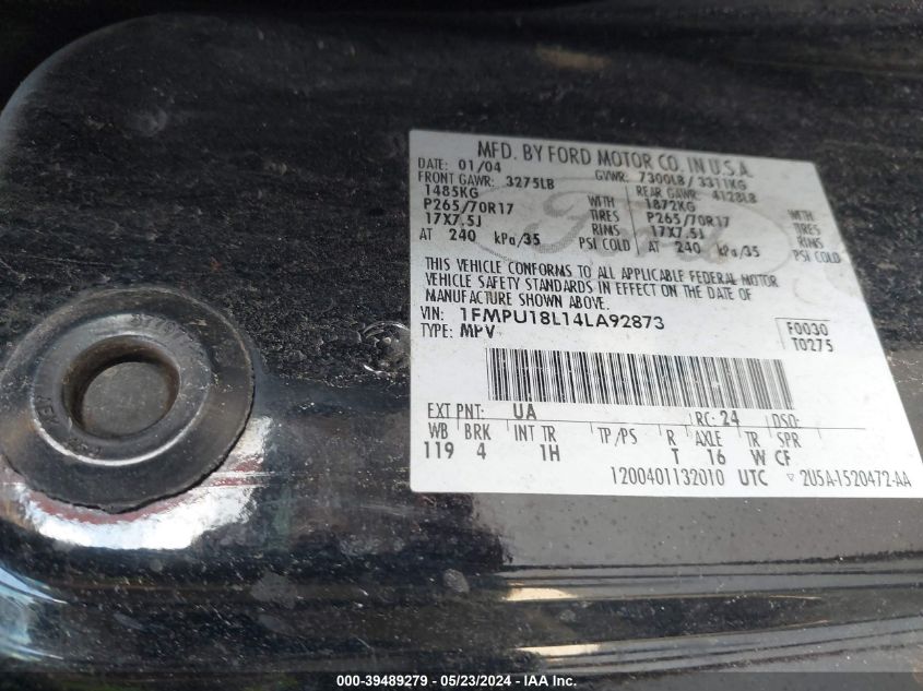 2004 Ford Expedition Eddie Bauer VIN: 1FMPU18L14LA92873 Lot: 39489279