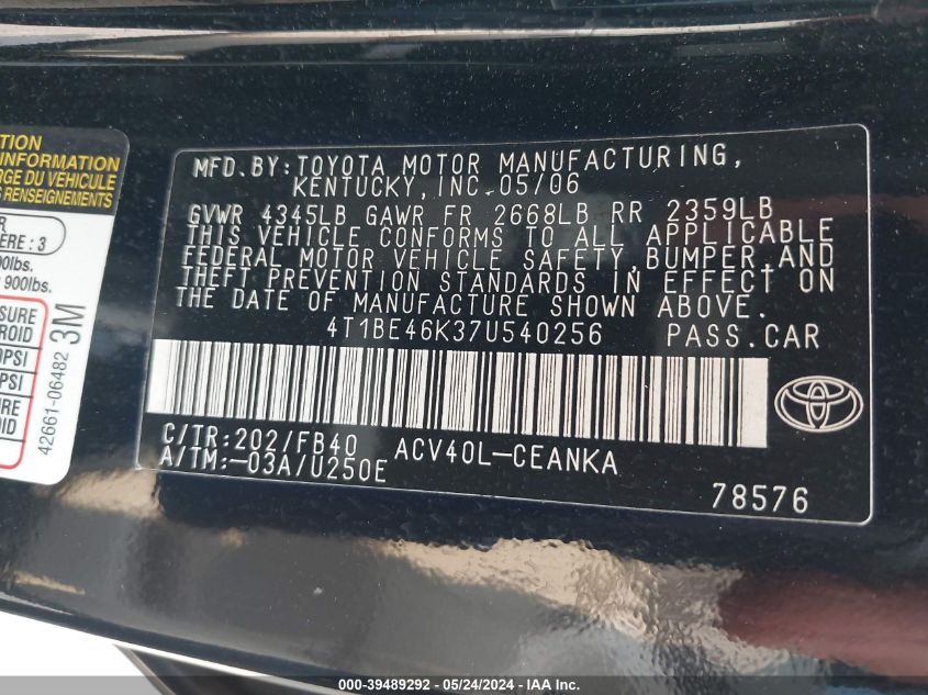 2007 Toyota Camry Ce VIN: 4T1BE46K37U540256 Lot: 39489292