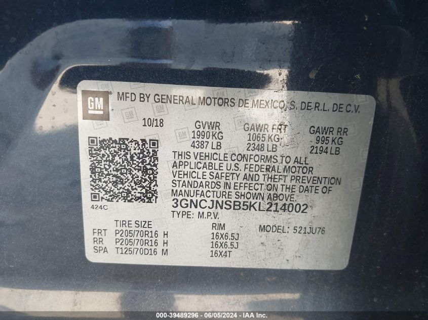 2019 Chevrolet Trax Ls VIN: 3GNCJNSB5KL214002 Lot: 39489296