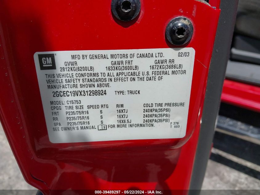 2003 Chevrolet Silverado 1500 Ls VIN: 2GCEC19VX31298924 Lot: 39489297