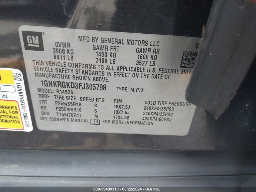2015 Chevrolet Traverse 1Lt VIN: 1GNKRGKD3FJ305798 Lot: 39489310