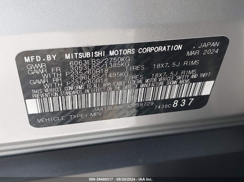 2024 Mitsubishi Outlander Es VIN: JA4T5UA92RZ058729 Lot: 39489317