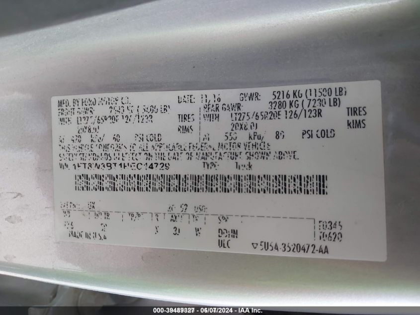 2017 Ford Super Duty F-350 Srw Platinum/Xl/Xlt/Lariat/King Ranch VIN: 1FT8W3BT1HEC14729 Lot: 39489327