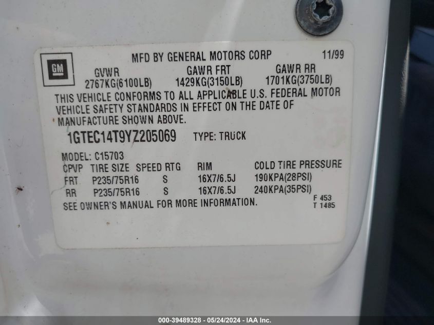 2000 GMC Sierra 1500 Sle VIN: 1GTEC14T9YZ205069 Lot: 39489328