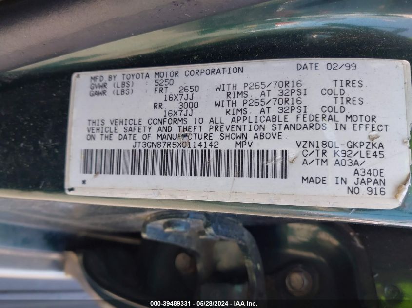 1999 Toyota 4Runner Limited V6 VIN: JT3GN87R5X0114142 Lot: 39489331