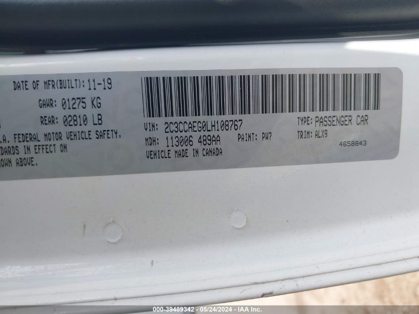 2020 Chrysler 300 Limited VIN: 2C3CCAEG0LH108767 Lot: 39489342