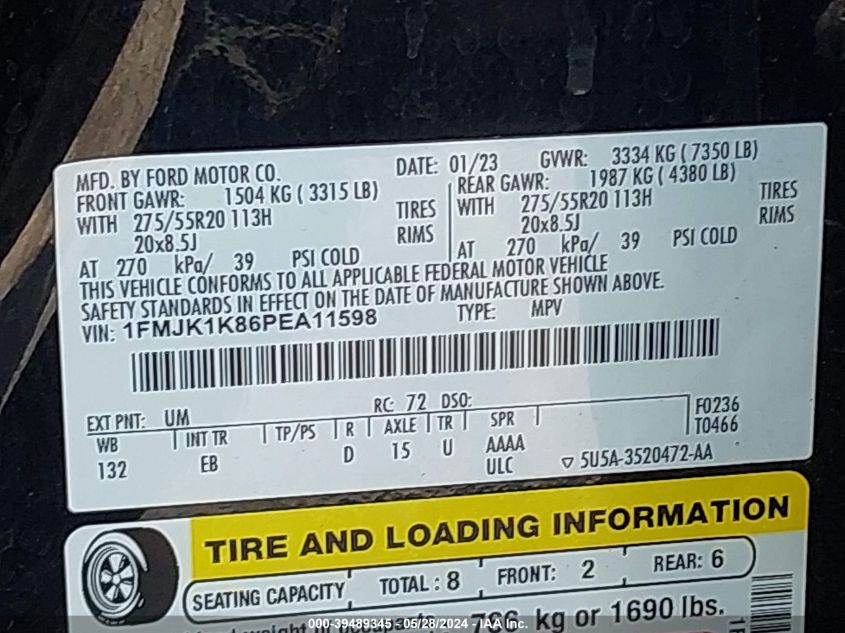 2023 Ford Expedition Limited Max VIN: 1FMJK1K86PEA11598 Lot: 39489345