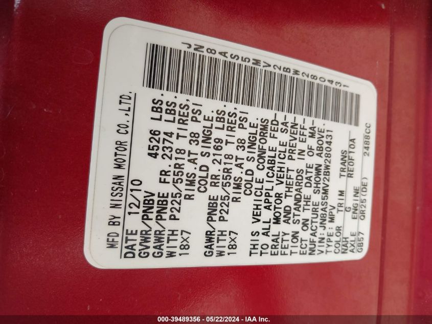 2011 Nissan Rogue Sv VIN: JN8AS5MV2BW280431 Lot: 39489356