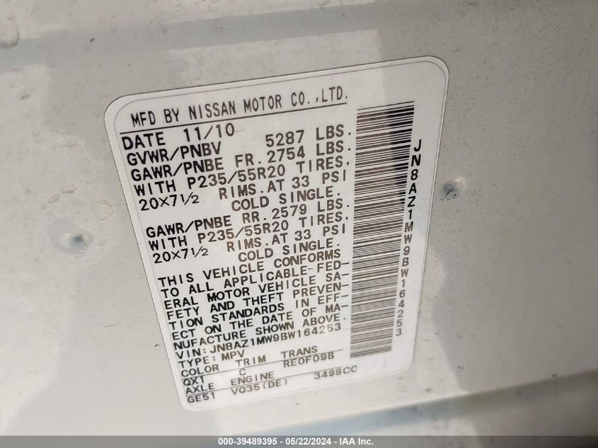 2011 Nissan Murano Le VIN: JN8AZ1MW9BW164253 Lot: 39489395