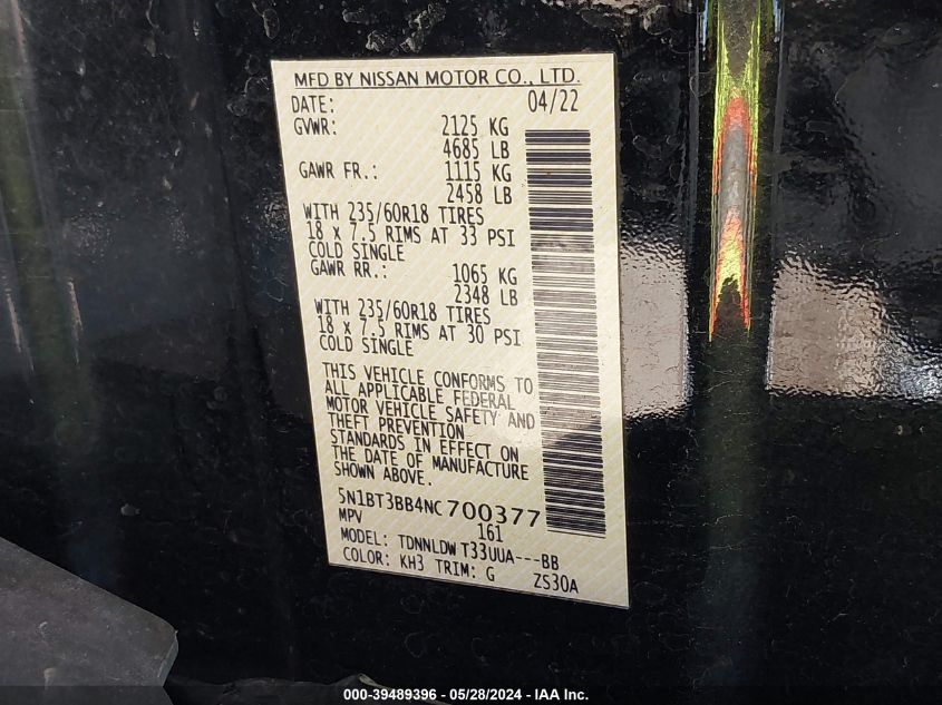 2022 Nissan Rogue Sv Intelligent Awd VIN: 5N1BT3BB4NC700377 Lot: 39489396