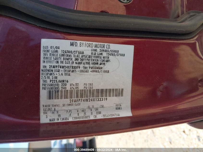 2004 Ford Crown Victoria Lx VIN: 2FAFP74W24X133319 Lot: 39489409