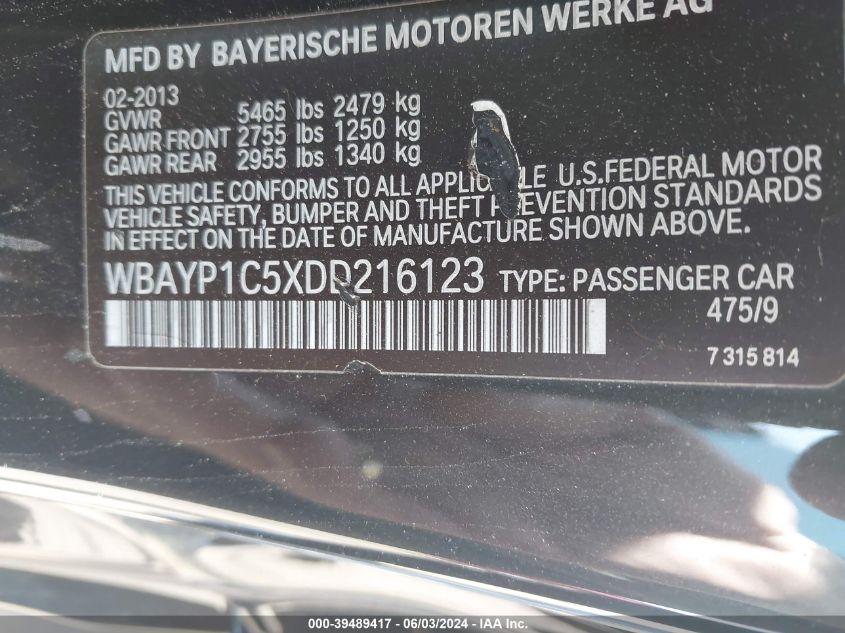 2013 BMW 650I xDrive VIN: WBAYP1C5XDD216123 Lot: 39596016