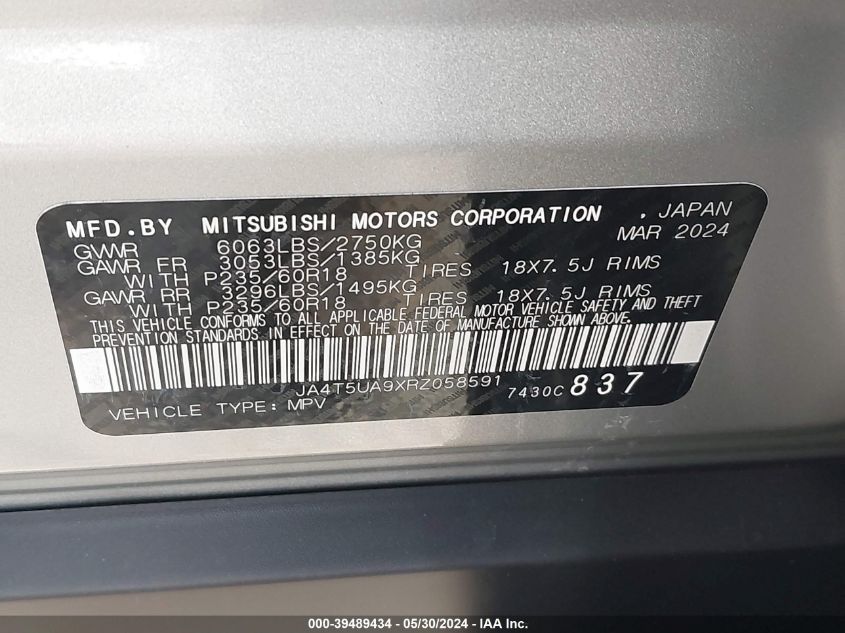 2024 Mitsubishi Outlander Es VIN: JA4T5UA9XRZ058591 Lot: 39489434