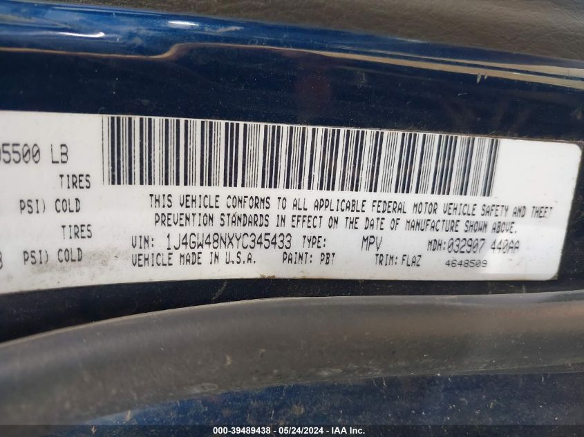 2000 Jeep Grand Cherokee Laredo VIN: 1J4GW48NXYC345433 Lot: 39489438