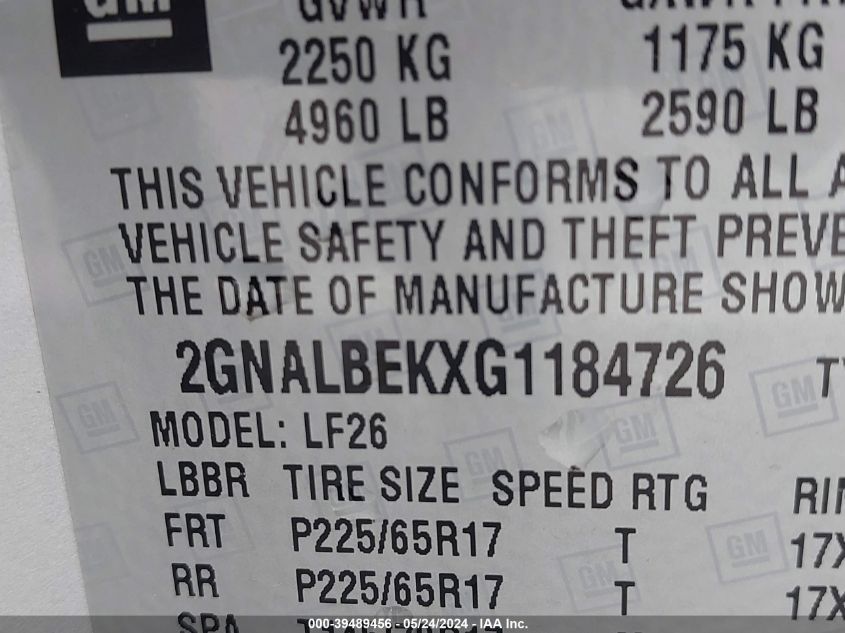 2016 Chevrolet Equinox L VIN: 2GNALBEKXG1184726 Lot: 39489456