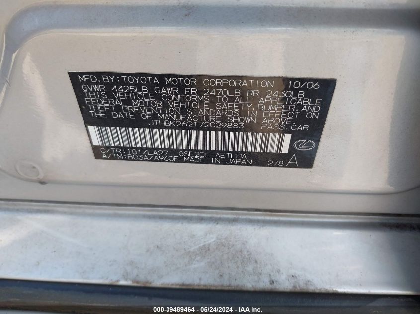 2007 Lexus Is 250 VIN: JTHBK262172029883 Lot: 39489464