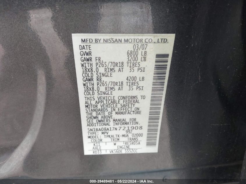 2007 Nissan Armada Se VIN: 5N1BA08A17N721908 Lot: 39489481