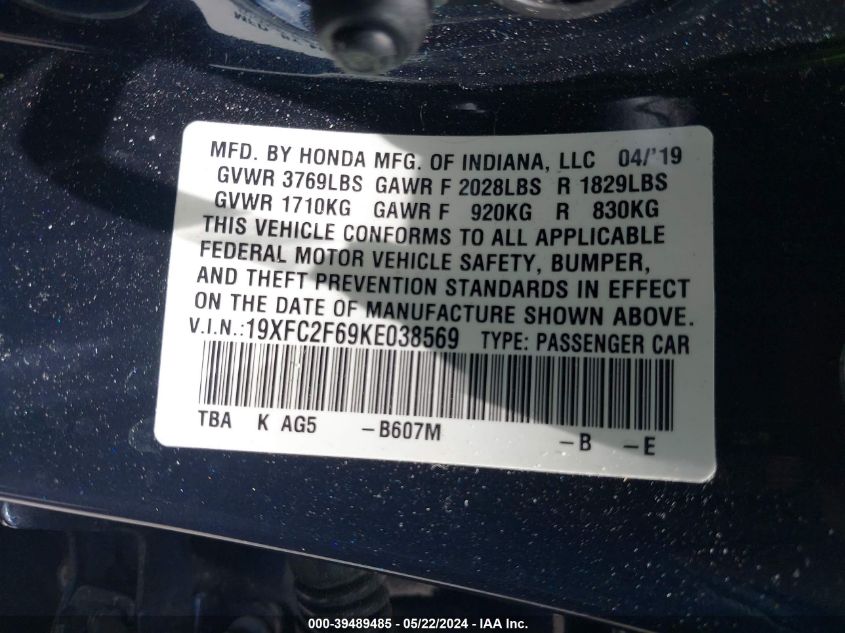 2019 Honda Civic Lx VIN: 19XFC2F69KE038569 Lot: 39489485