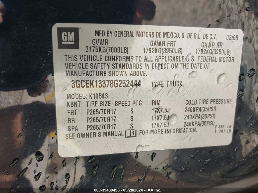 2008 Chevrolet Silverado 1500 Lt1 VIN: 3GCEK13378G252444 Lot: 39489495