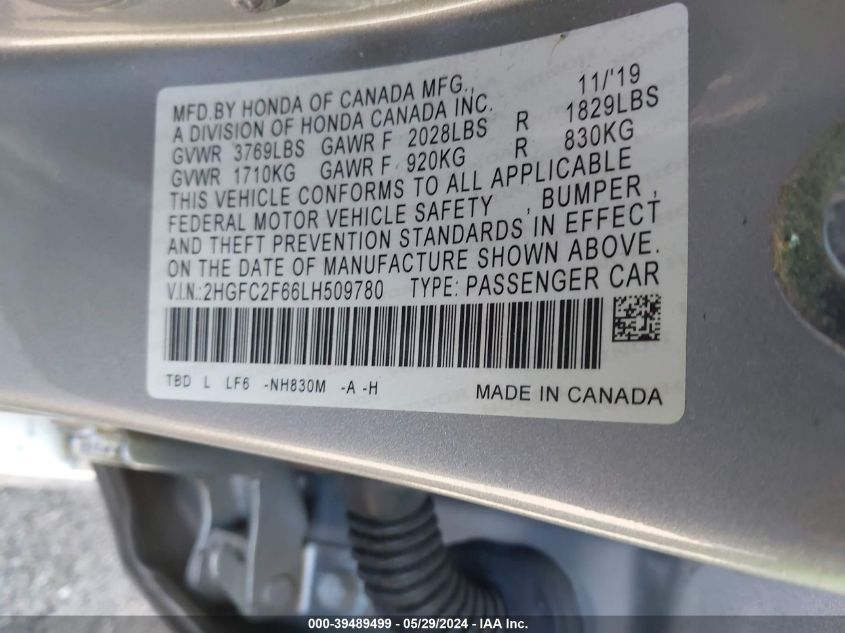 2020 Honda Civic Lx VIN: 2HGFC2F66LH509780 Lot: 39489499