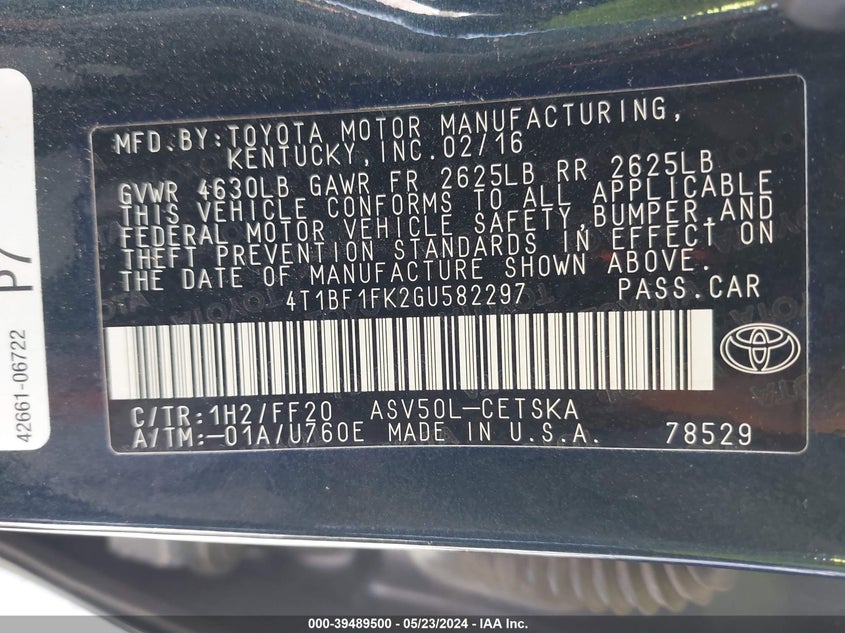 2016 Toyota Camry Se VIN: 4T1BF1FK2GU582297 Lot: 39489500