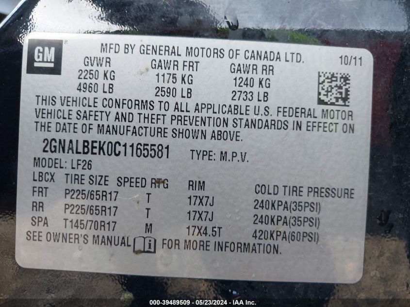 2012 Chevrolet Equinox Ls VIN: 2GNALBEK0C1165581 Lot: 39489509