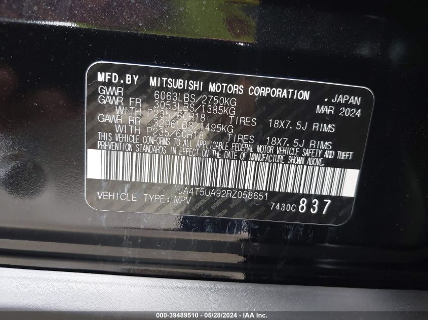 2024 Mitsubishi Outlander Phev Es S-Awc VIN: JA4T5UA92RZ058651 Lot: 39489510