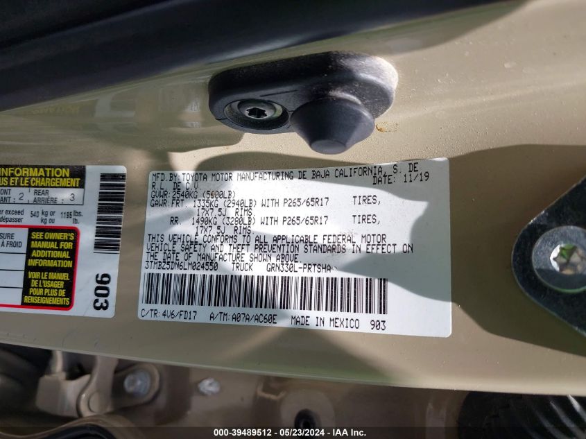 2020 Toyota Tacoma Trd Sport VIN: 3TMBZ5DN6LM024550 Lot: 39489512