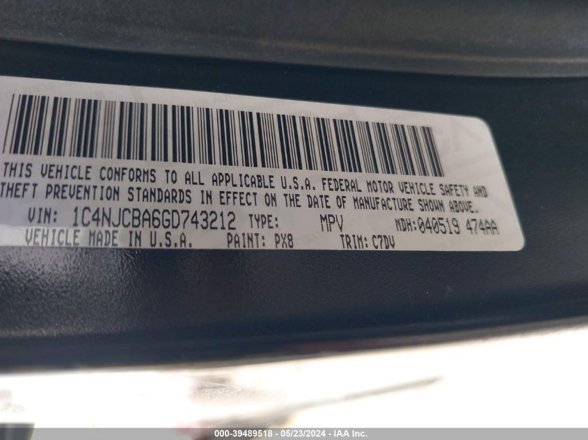 2016 Jeep Compass Sport VIN: 1C4NJCBA6GD743212 Lot: 39489518