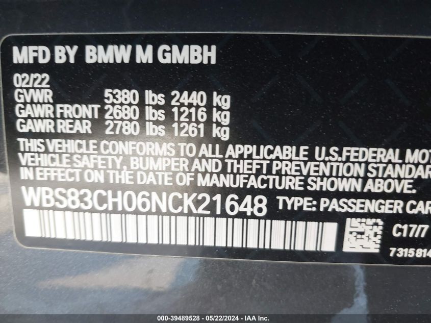 2022 BMW M5 VIN: WBS83CH06NCK21648 Lot: 39489528