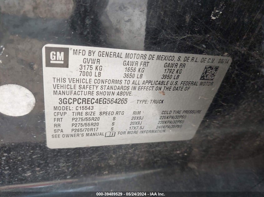 2014 Chevrolet Silverado 1500 1Lt VIN: 3GCPCREC4EG564265 Lot: 39489529