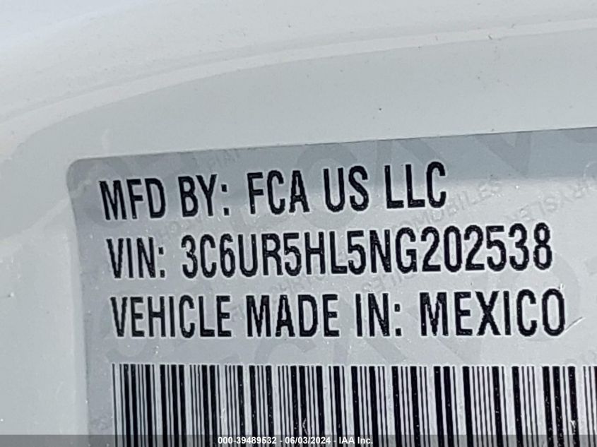 2022 Ram 2500 Tradesman VIN: 3C6UR5HL5NG202538 Lot: 39489532