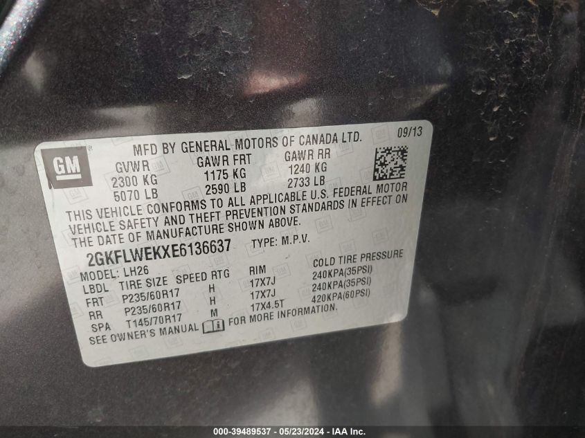 2014 GMC Terrain Sle-2 VIN: 2GKFLWEKXE6136637 Lot: 39489537