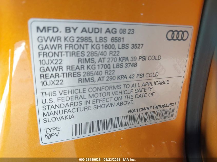 WA1CWBF14PD043521 2023 Audi Sq8 Prestige Tfsi Quattro Tiptronic