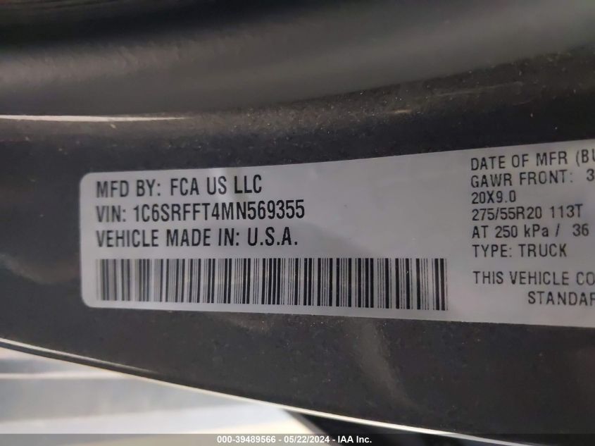 2021 Ram 1500 Big Horn 4X4 5'7 Box VIN: 1C6SRFFT4MN569355 Lot: 39489566