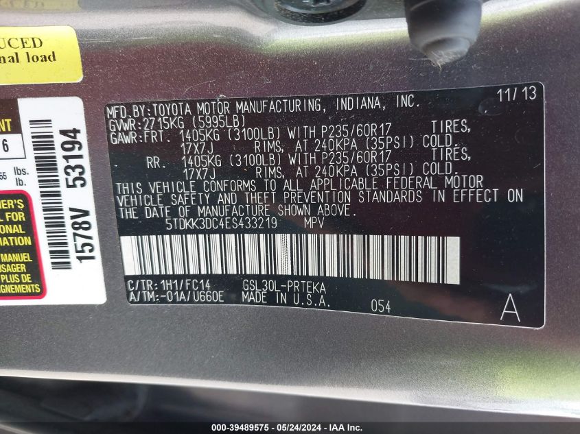 2014 Toyota Sienna Le V6 8 Passenger VIN: 5TDKK3DC4ES433219 Lot: 39489575