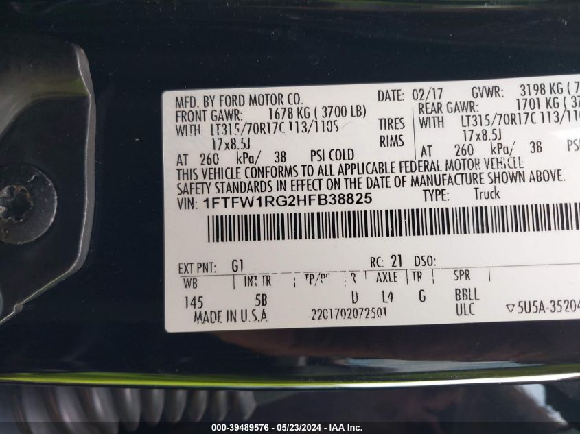 2017 Ford F-150 Raptor VIN: 1FTFW1RG2HFB38825 Lot: 39489576