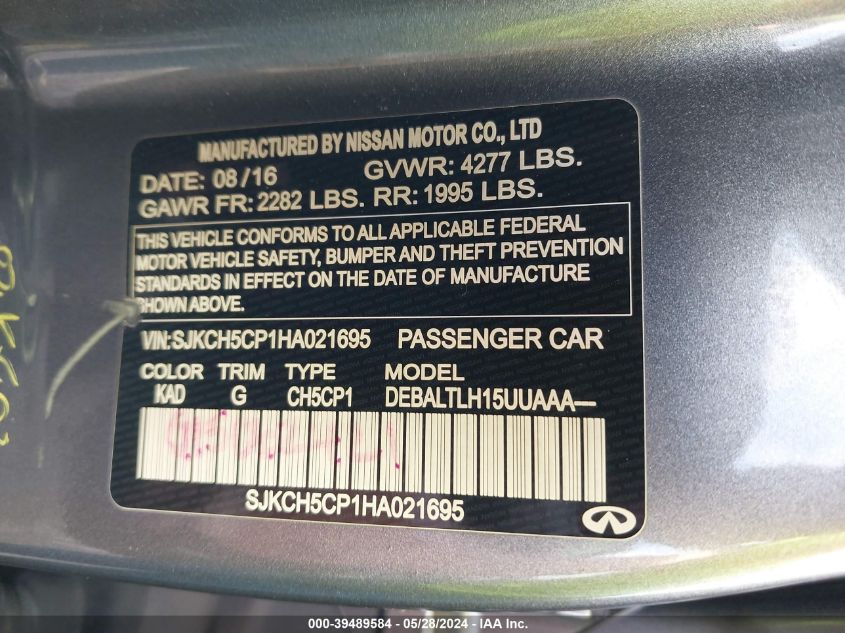 2017 Infiniti Qx30 Sport VIN: SJKCH5CP1HA021695 Lot: 39489584