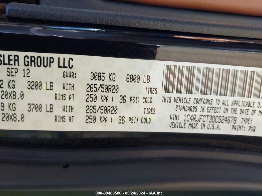 2013 Jeep Grand Cherokee Overland VIN: 1C4RJFCT3DC524678 Lot: 39489586